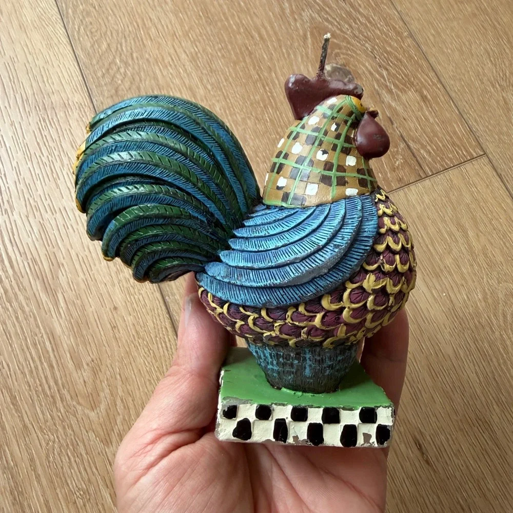 Vintage Rooster Chicken Figurine Candle Set Farmhouse Folk Art Decor 2 Piece NEW